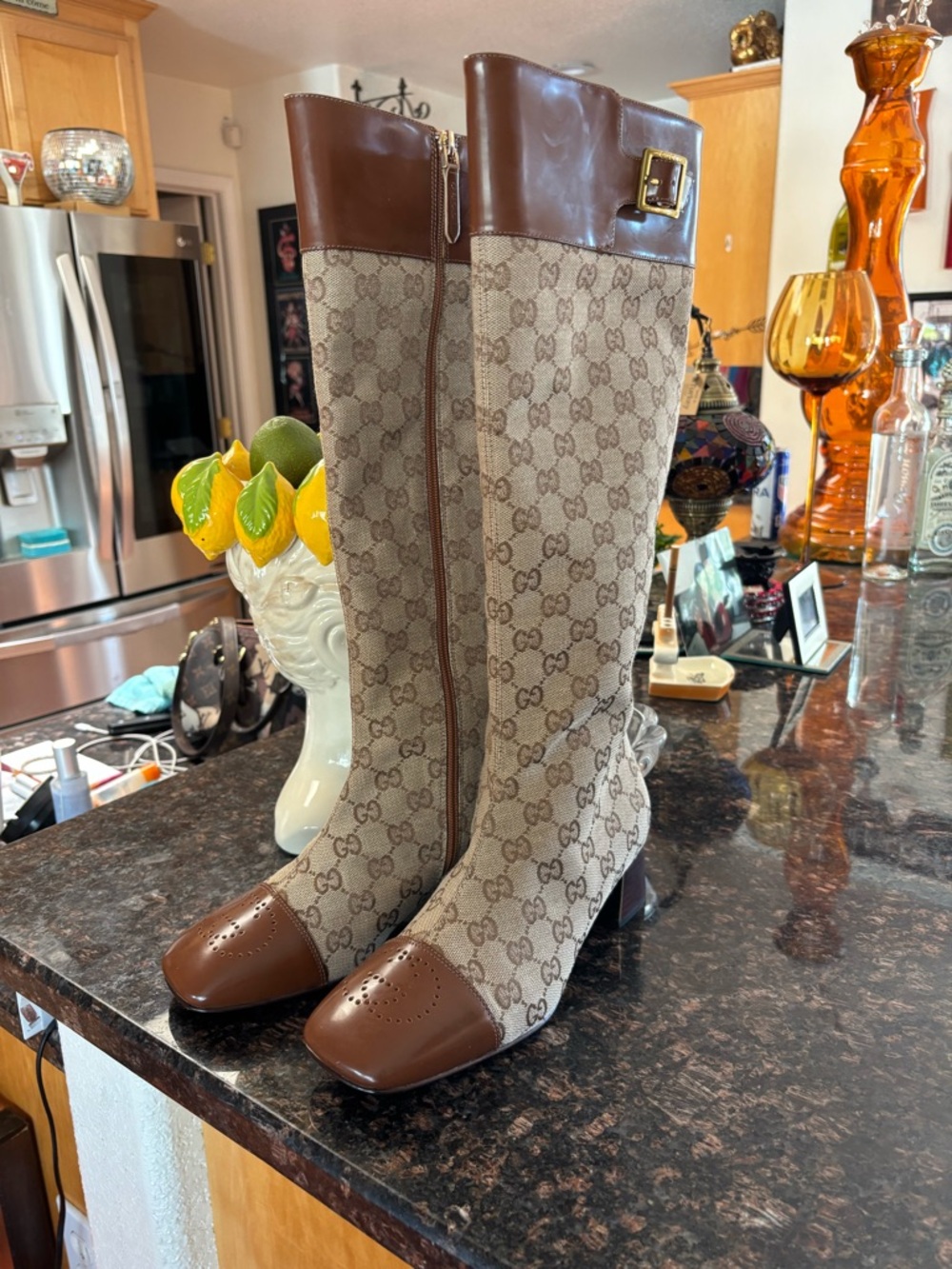 Gucci Brown Monogram Over-the-Knee Boots with Leather Trim